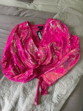 Boohoo Neon Pink Sequin Wrap Bodysuit